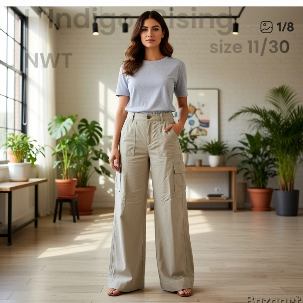 Indigo-Rising Khaki Cargo Pants Wide Leg Size 11/30 NWT